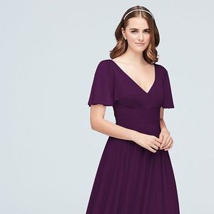 David’s Bridal color Plum Crisscross Mesh Dress